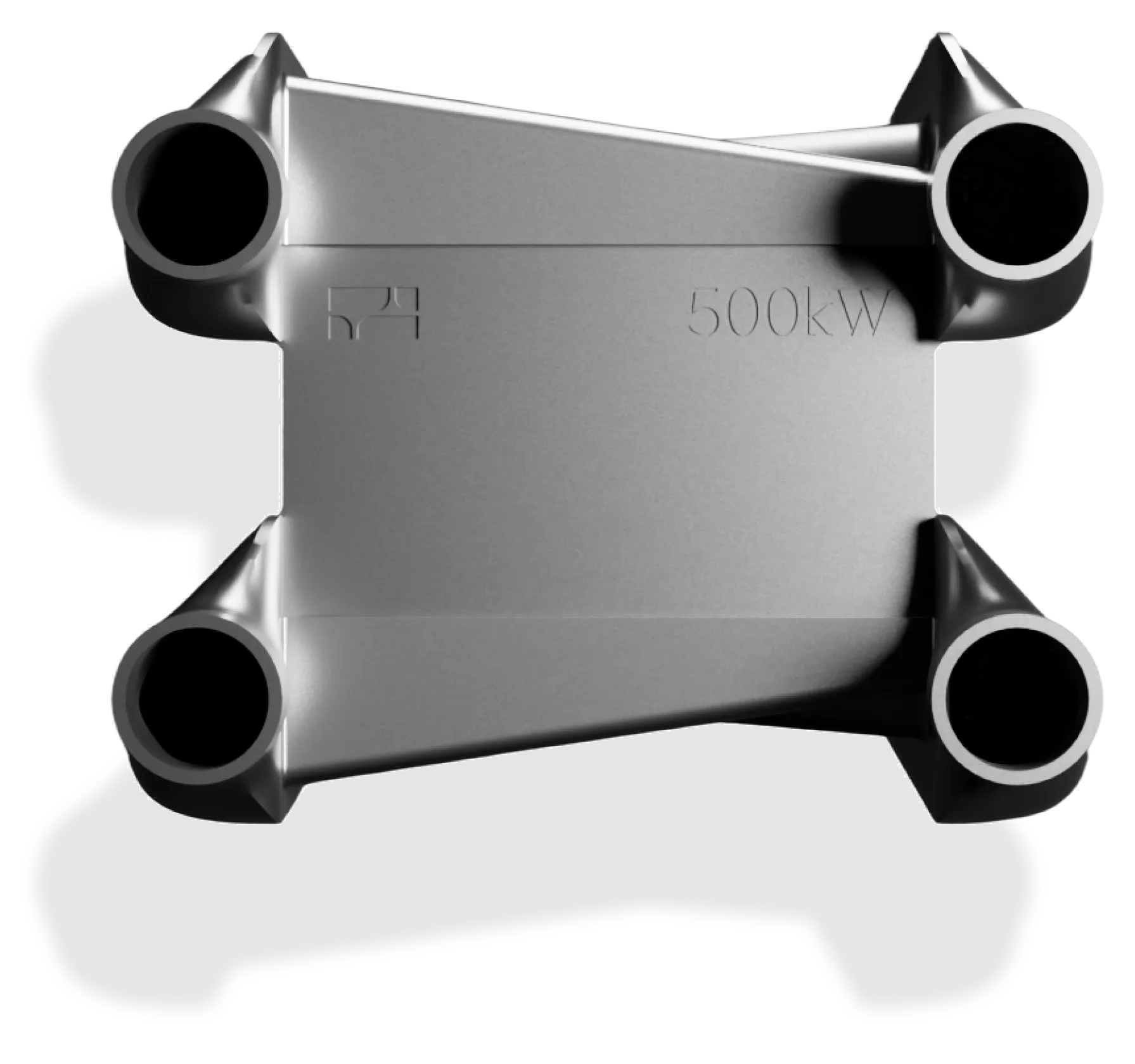 Top-down view of a Phasic 3D-printed heat exchanger core, a single machined metal block with four cylindrical fluid ports